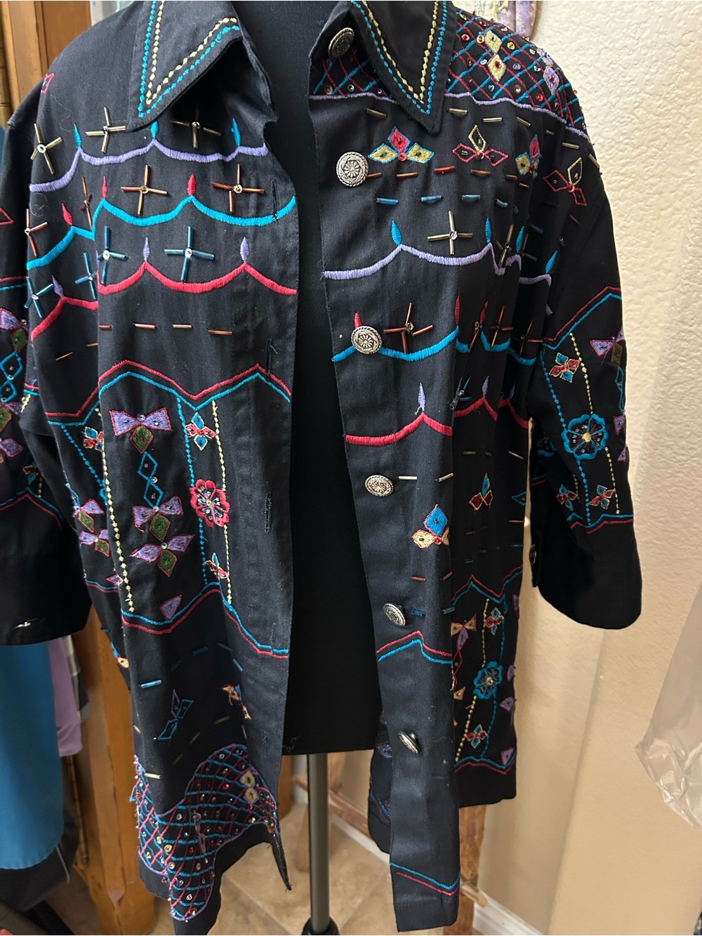 Liz & Me Black Embroidered Jacket with Multicolor Stitching